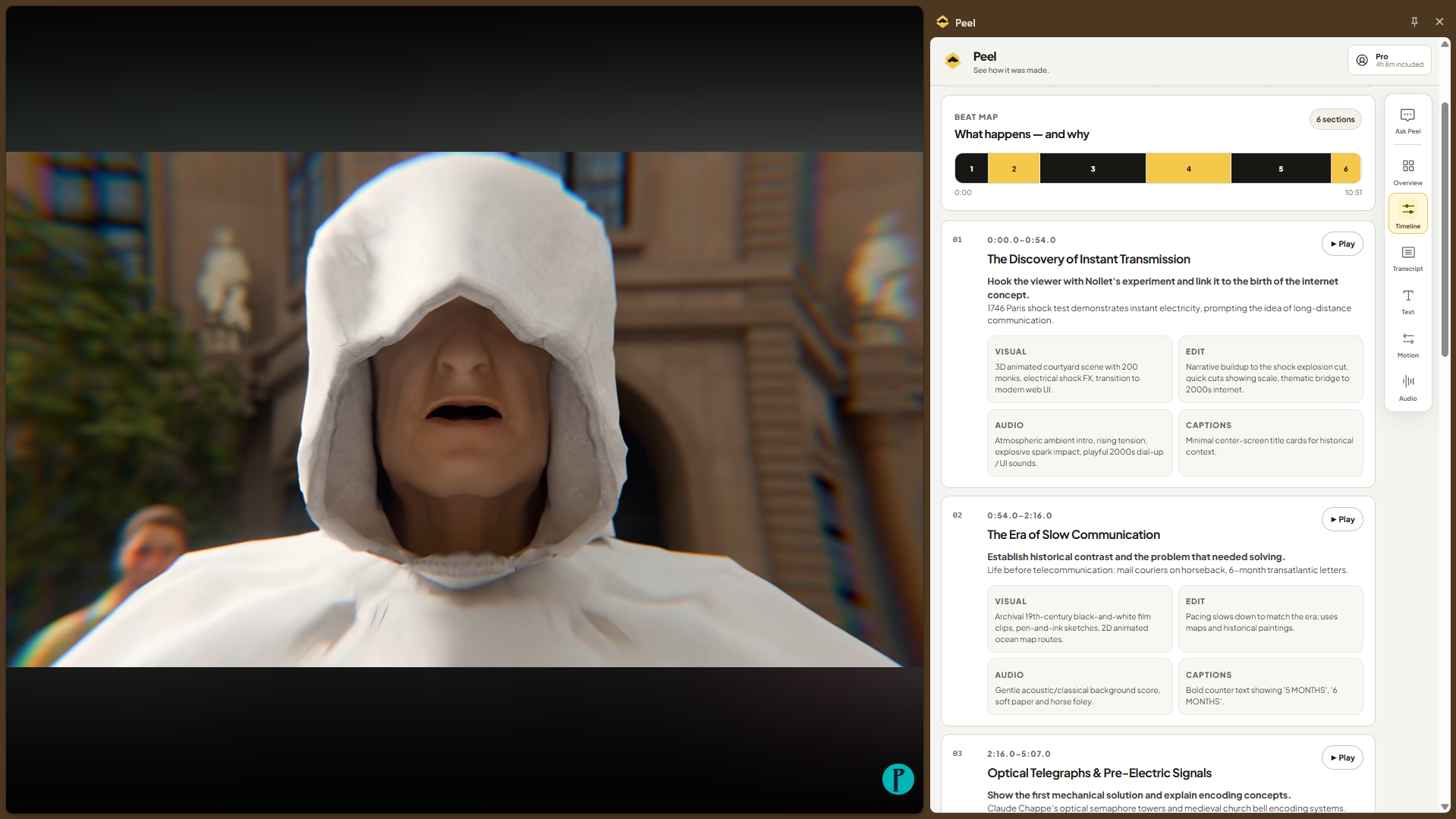 Peel's editing timeline showing cuts, transitions, pacing, and timestamps